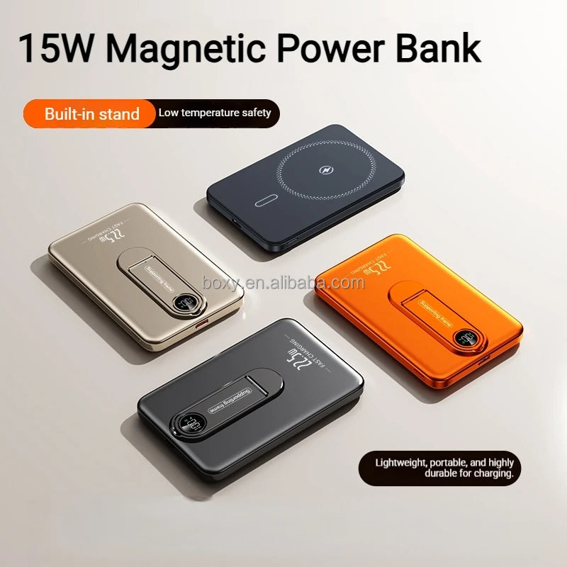Ultra-Slim Aluminum Magnetic Wireless 5000mAh High Capacity Power Bank with LED Digital Display 15W Fast Charging 2-in-1