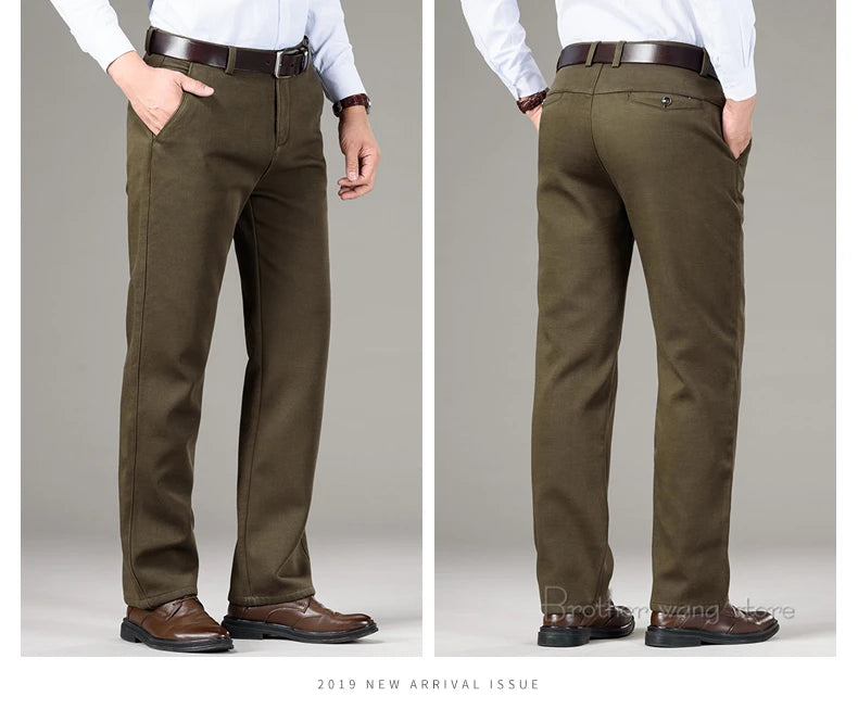5 Colors Winter Men's Warm Fleece Casual Pants Classic Style Business Fashion Straight Khaki Modal Thick Trousers Male Brand