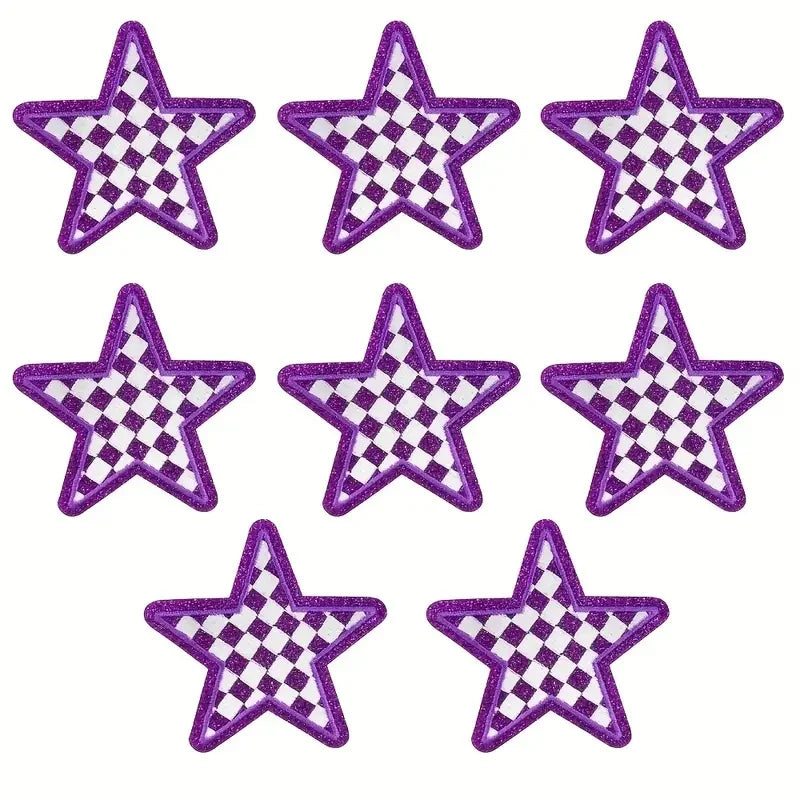 8 Pcs Glitter Star Iron on Patch Set Checkered Sequin Applique Embroidery DIY Badge for Clothes Backpack Hat Jacket Decor