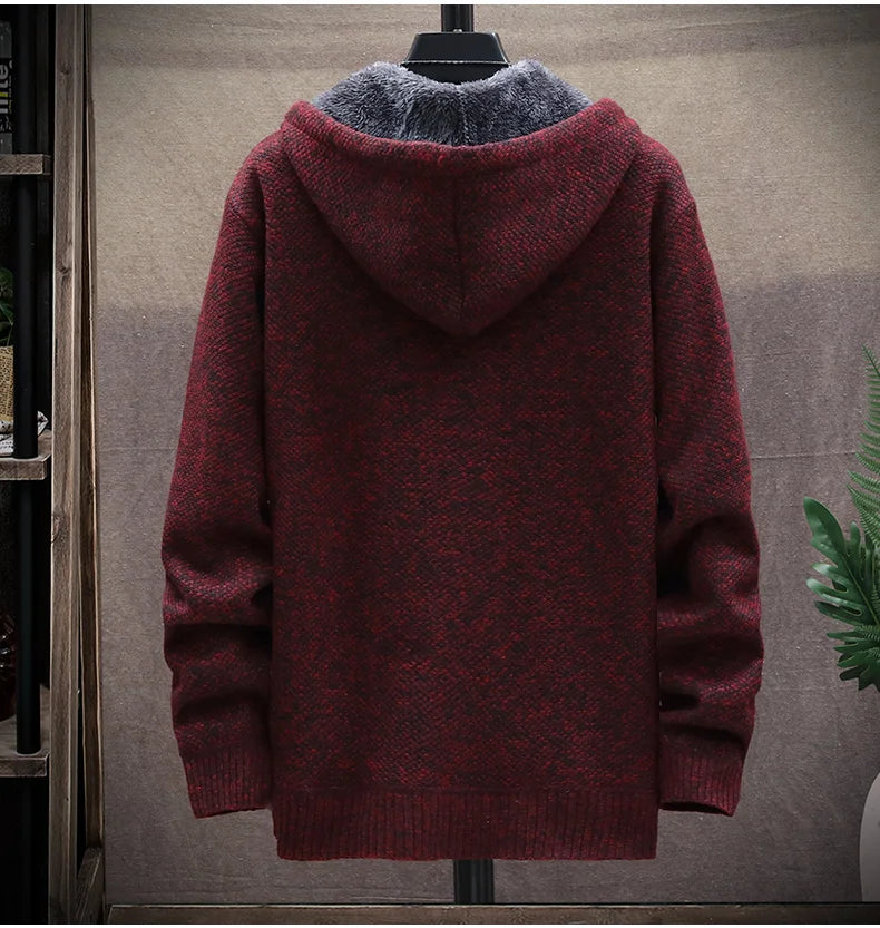 Autumn Winter Men's Sweaters Hooded Knit Cardigan Korean Sweaters Jacket Fleece Lined Hoodies Windbreaker Coat