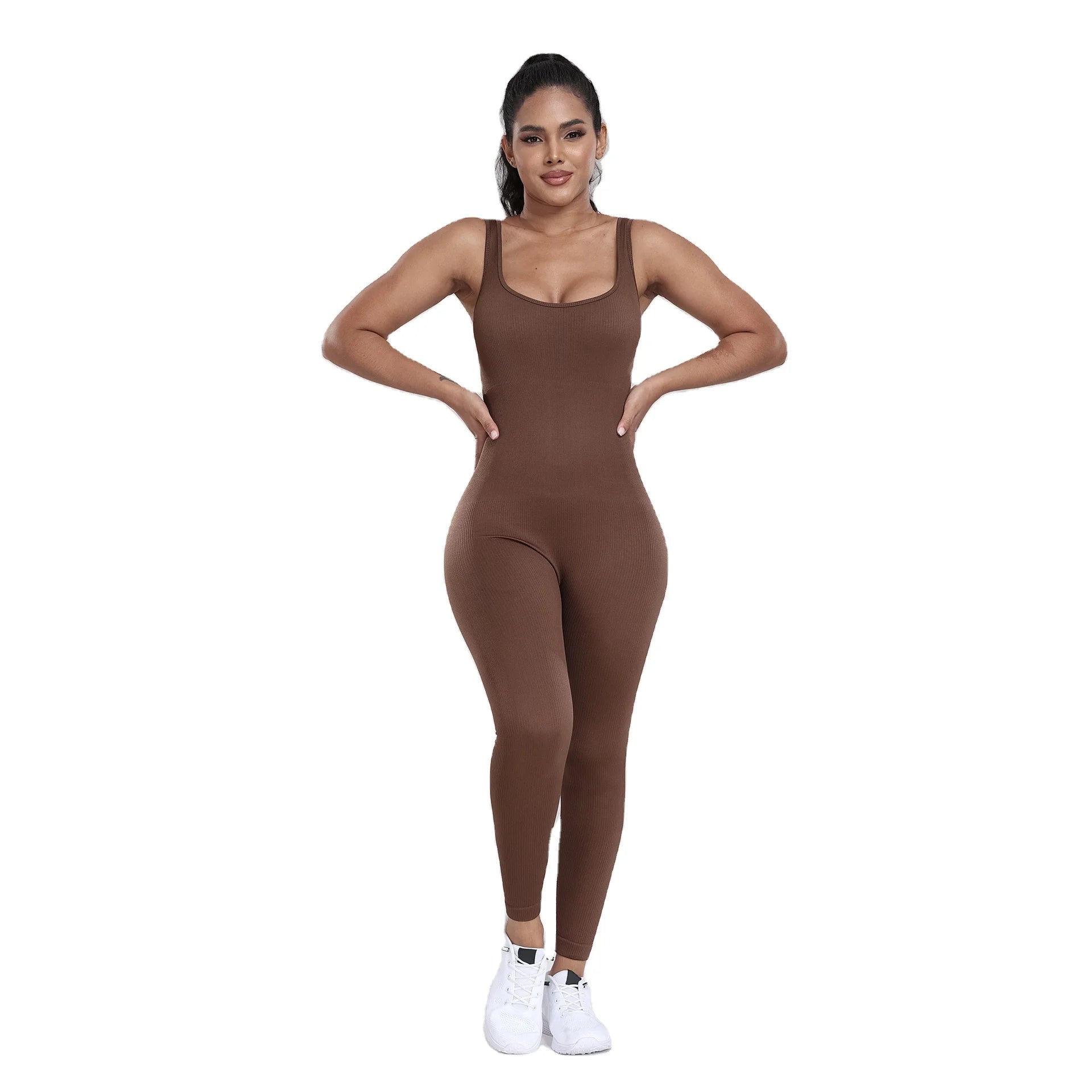 Women's High-Waist Yoga Jumpsuits Ribbed Workout Bodysuits with Sleeveless Sports Bra Knitted Fitness Rompers