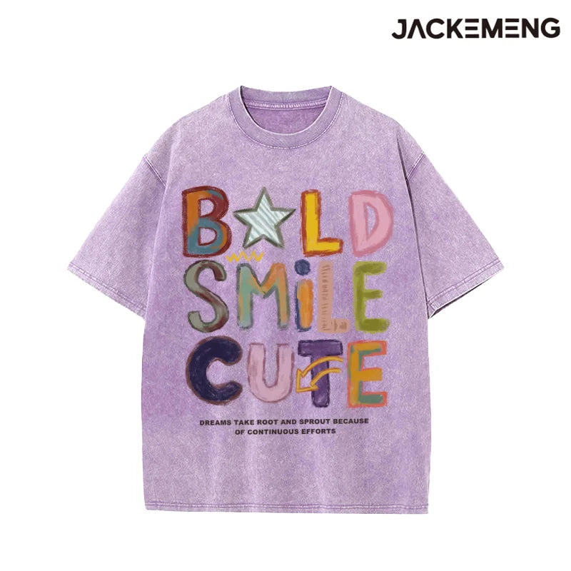 Oversized Washed Retro Colorful Streetwear Print Tshirt USA Stock Wholesale Y2K Casual Tee