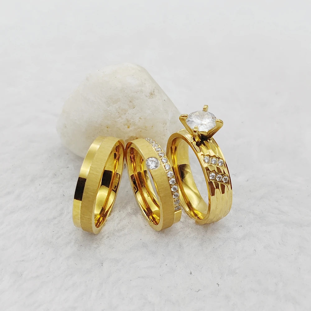 European Jewelry Luxury Alliances Bridal Set Golden Titanium Rings Western Promise Wedding Engagement Rings Couples