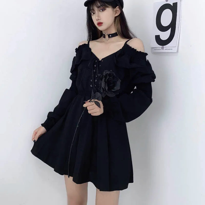 Zoki Harajuku Gothic Women Dress Y2K Summer Sexy Off Shoulder Black Bandage Mini Dress Fashion Elegant Party Night Vestidos New