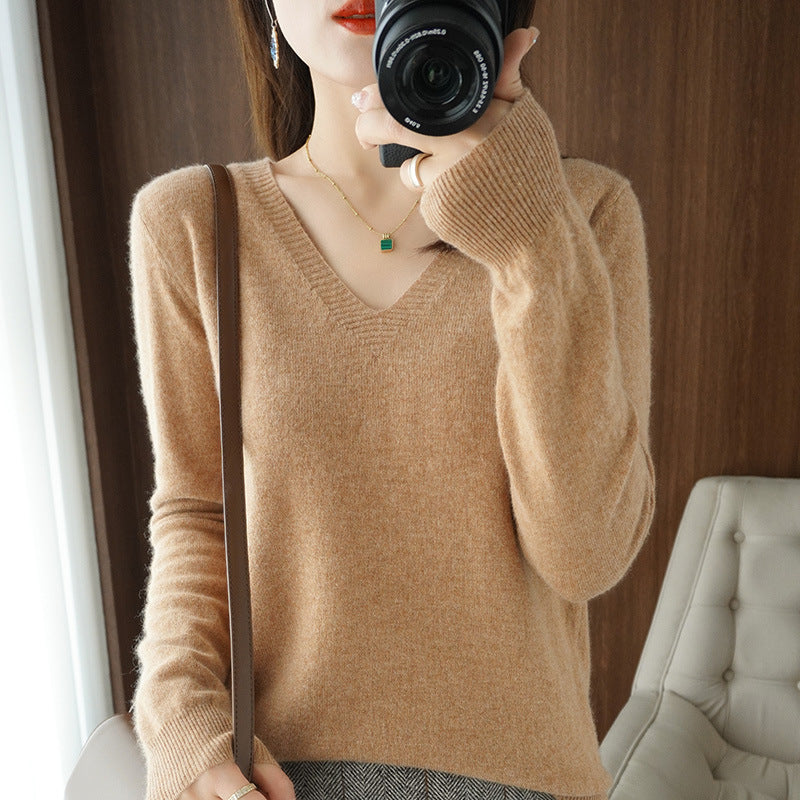 Women's Sweater 2025 Autumn Winter Knitted Pullovers V-neck Slim Fit Bottoming Shirt Solid Soft Knitwear Jumpers Basic Sweaters