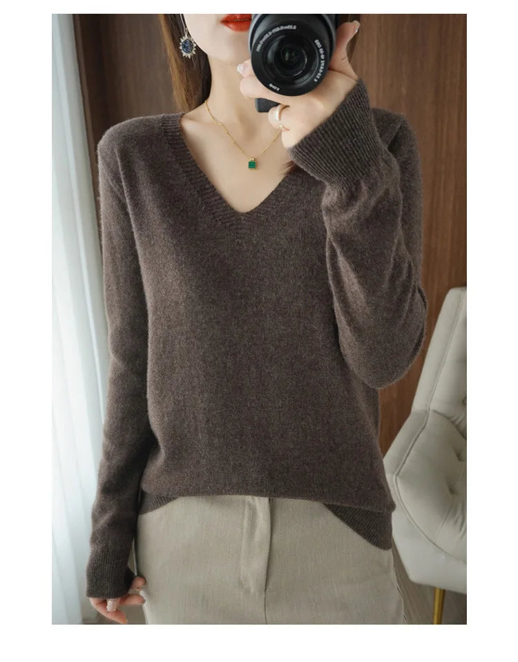 Women's Sweater 2025 Autumn Winter Knitted Pullovers V-neck Slim Fit Bottoming Shirt Solid Soft Knitwear Jumpers Basic Sweaters