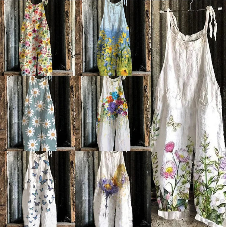 S-3XL Summer Women's New Sweet Small Fresh Print Retro Wide Leg Jumpsuit Printed Floral Cami Jumpsuit