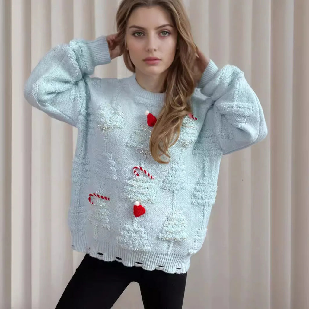 Handmade Pearl Diamond Trims Christmas Sweater Plush New Year Red Pullover Sweaters for Women Towel Embroidery