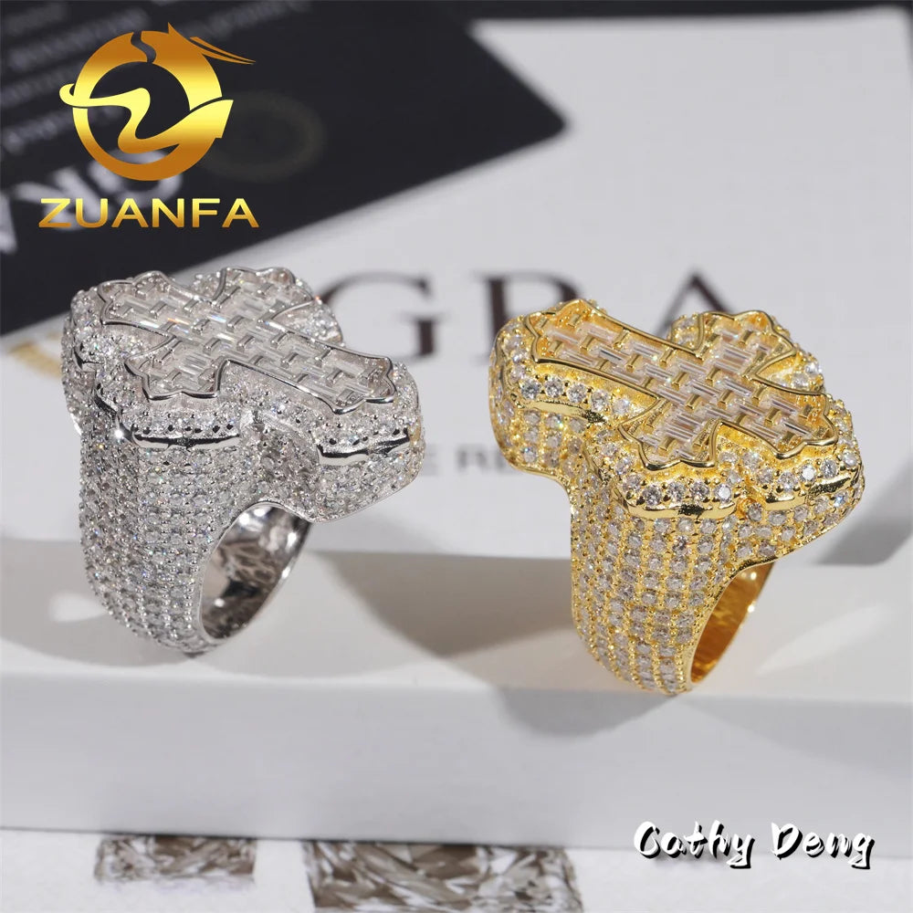 Hot Sale Instock  Iced Out Cross Moissanite Diamond Rings 925 Sterling Silver Hip Hop Ring Pass Diamond Tester Men Cuban Ring