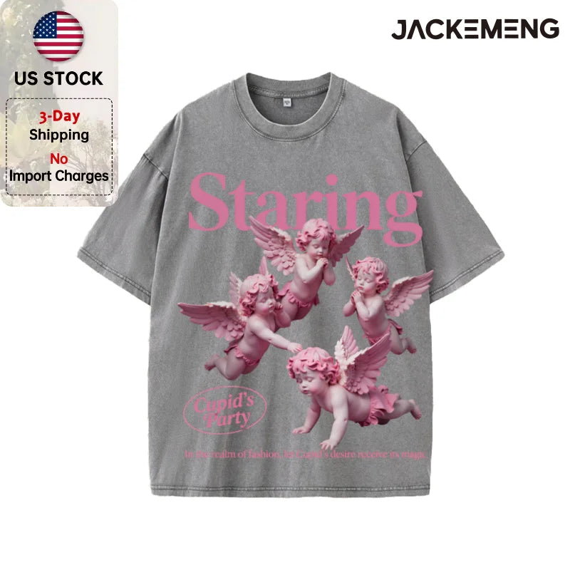 Oversized Vintage Retro Angel Art Streetwear Print Tshirt USA Stock Wholesale Y2K Casual Tee