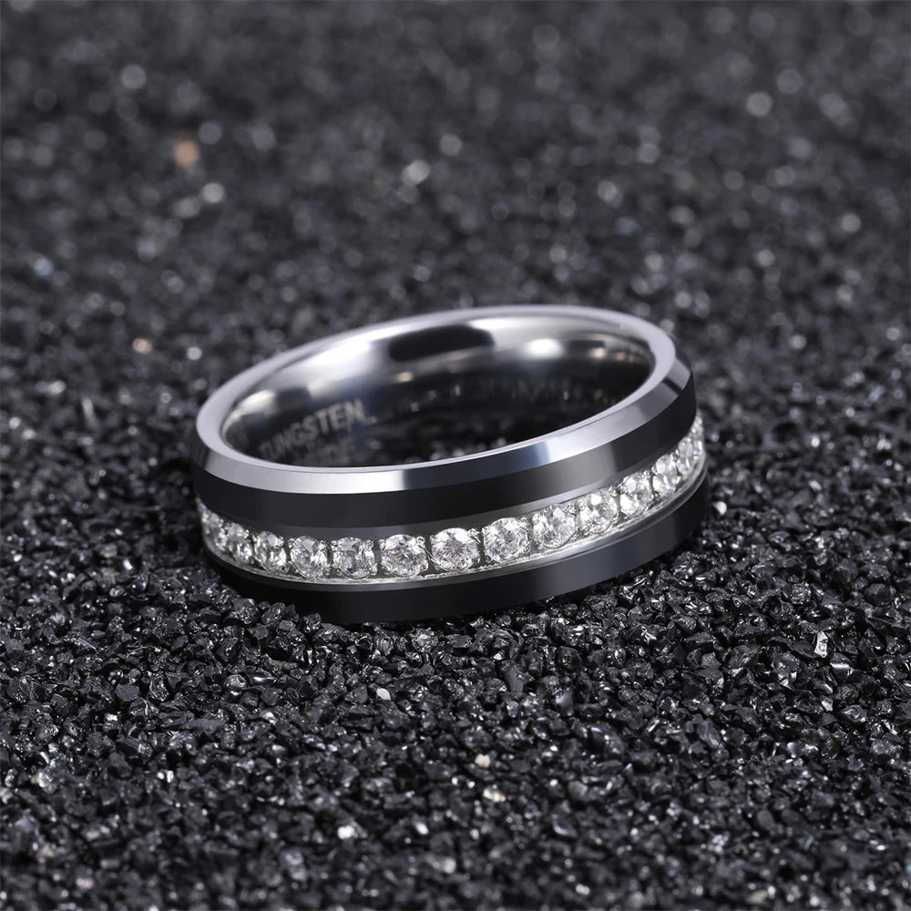 OAHLAN 6mm/8mm Silver Black Cubic Zircon Tungsten Carbide Rings for Men Women Luxury Full Round Diamonds Couple Wedding Bands