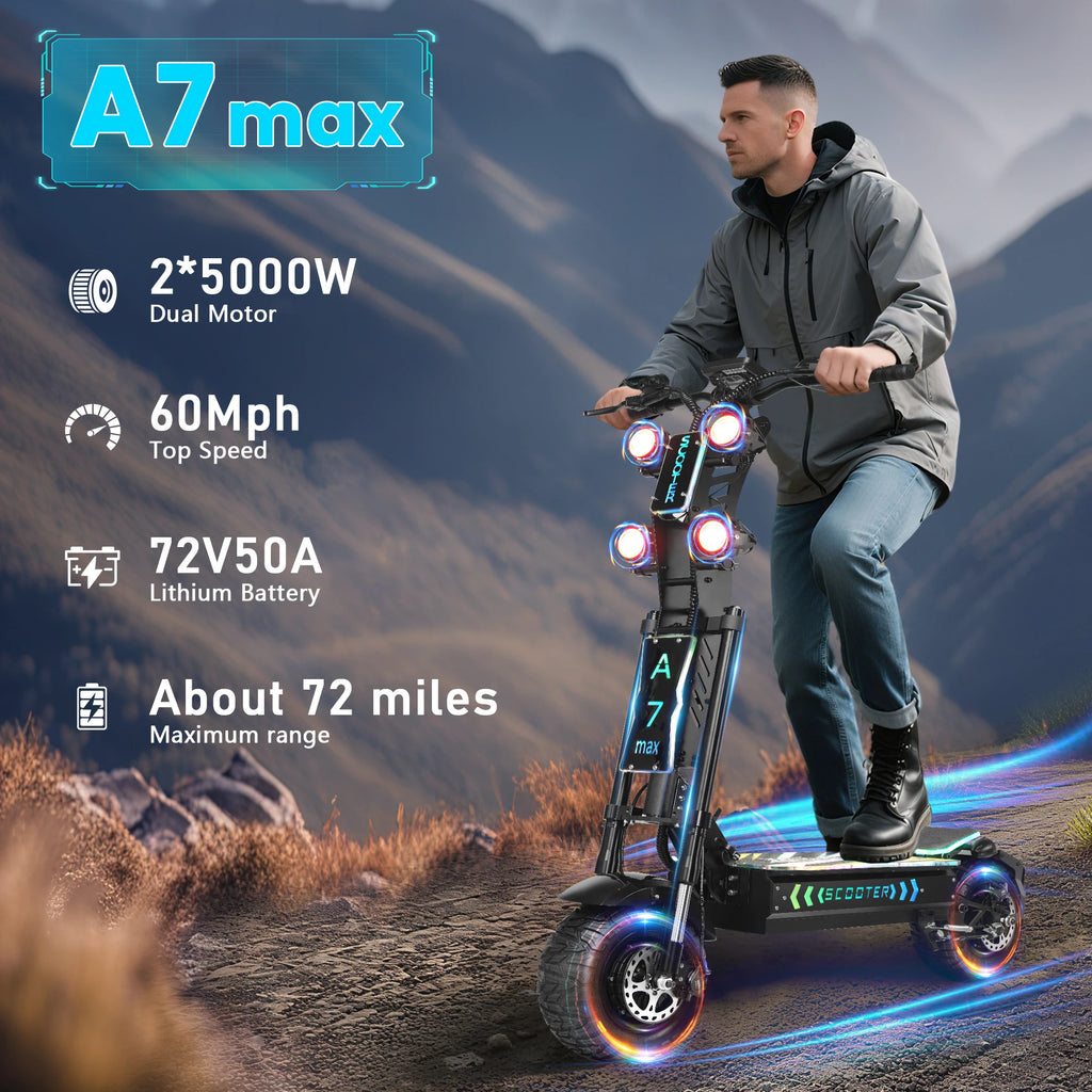 US EU Stock Scooter for Adults 5000W72V Dual Motor Removable Battery 13"Off-Road Tires 65 Mile Range Folding A7max Monopattino E