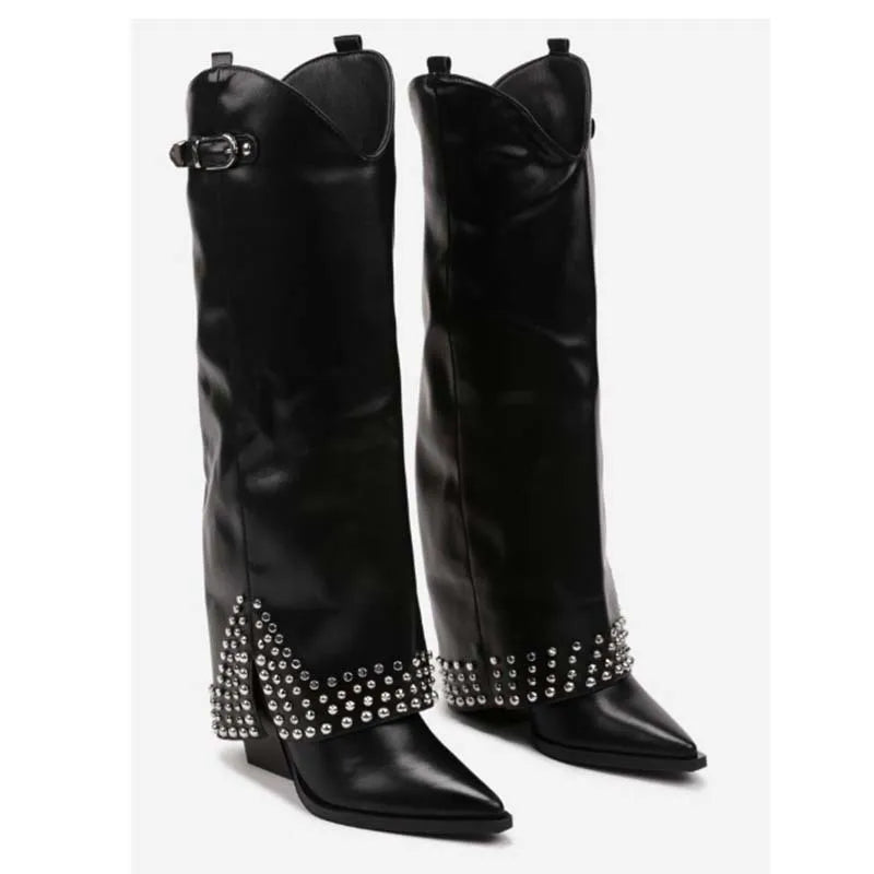 Designer Luxury Women's Over-the-Knee & Knee-High Western Snow Boots Thick Heel Rhinestone Decorated High Fashion Winter Shoes