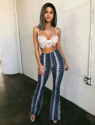 Retro Trendy Slim Casual Street Hippie Women Boho Print Long Pants High Waist Flared Wide Legs Summer Bell Bottom Trousers S-XL