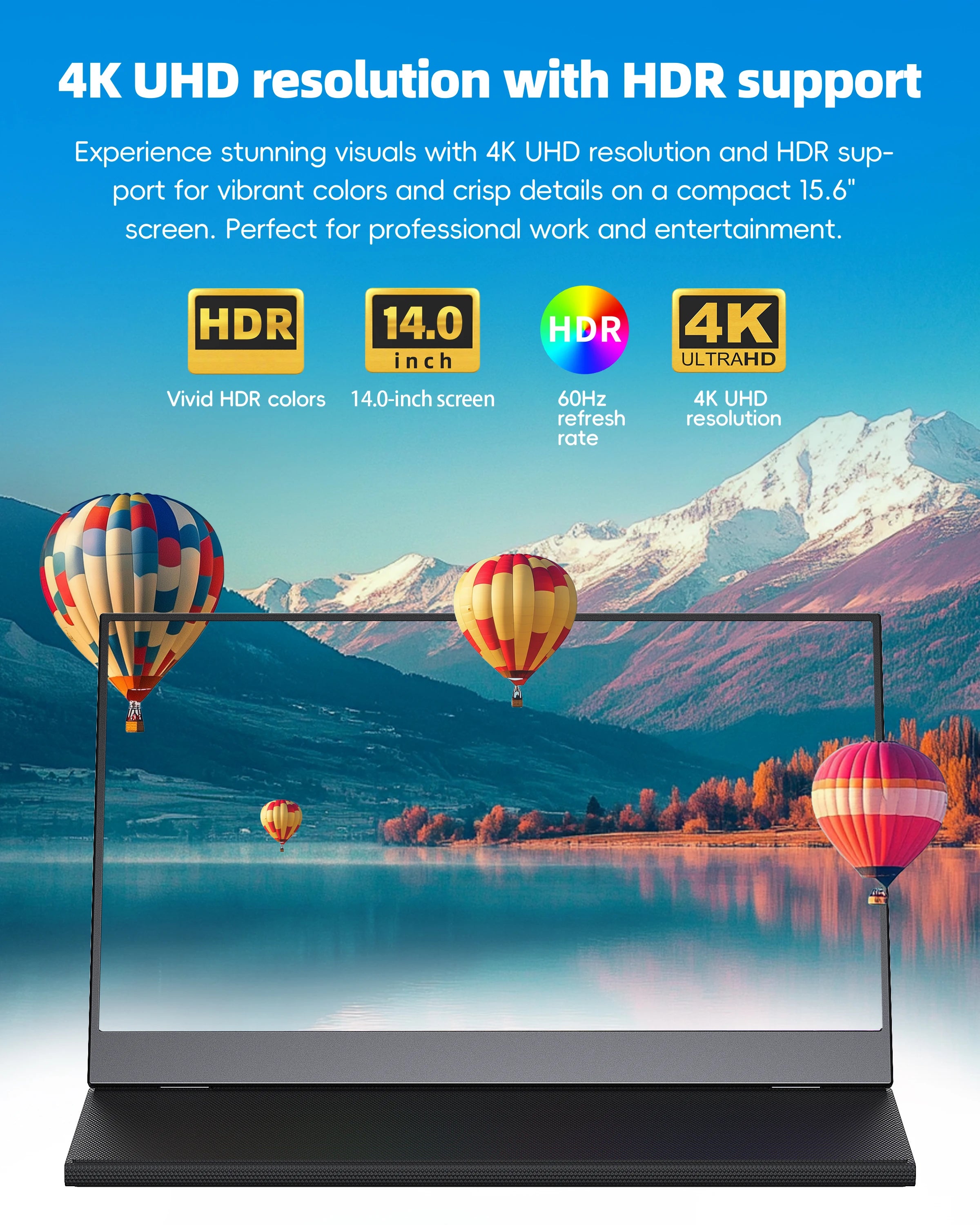 14 Inch 4K QHD IPS Screen Dual Speakers Type-C HD Mini Portable Monitor for Laptop