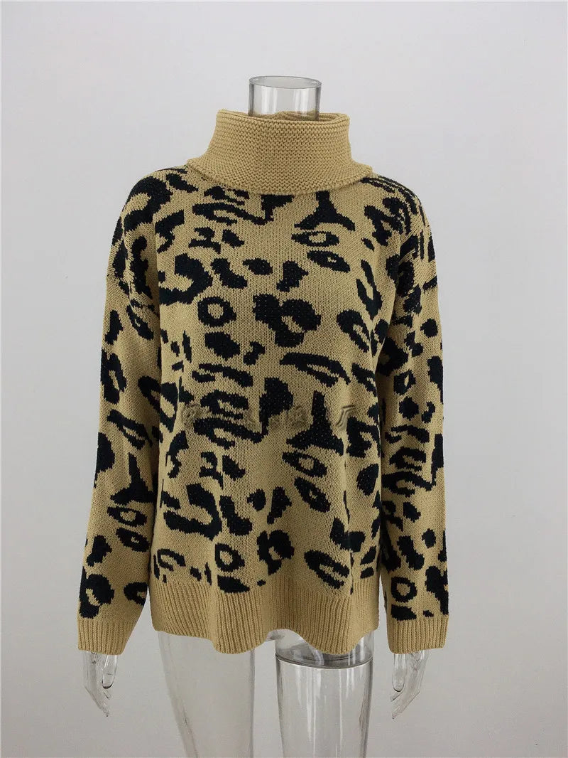 S-XL Turtleneck Sweater for Women Pullover Autumn Casual Fashion Leopard Print Tops Knitted Crochet