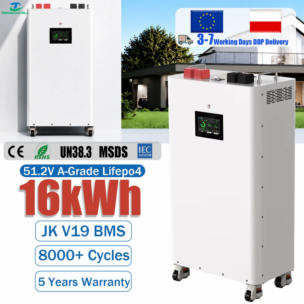 EU Stocks 16kWh 51.2V JK V19 BMS Movable Lifepo4 Solar Battery Floor-Standing Home Energy Storage System With Universal Wheels