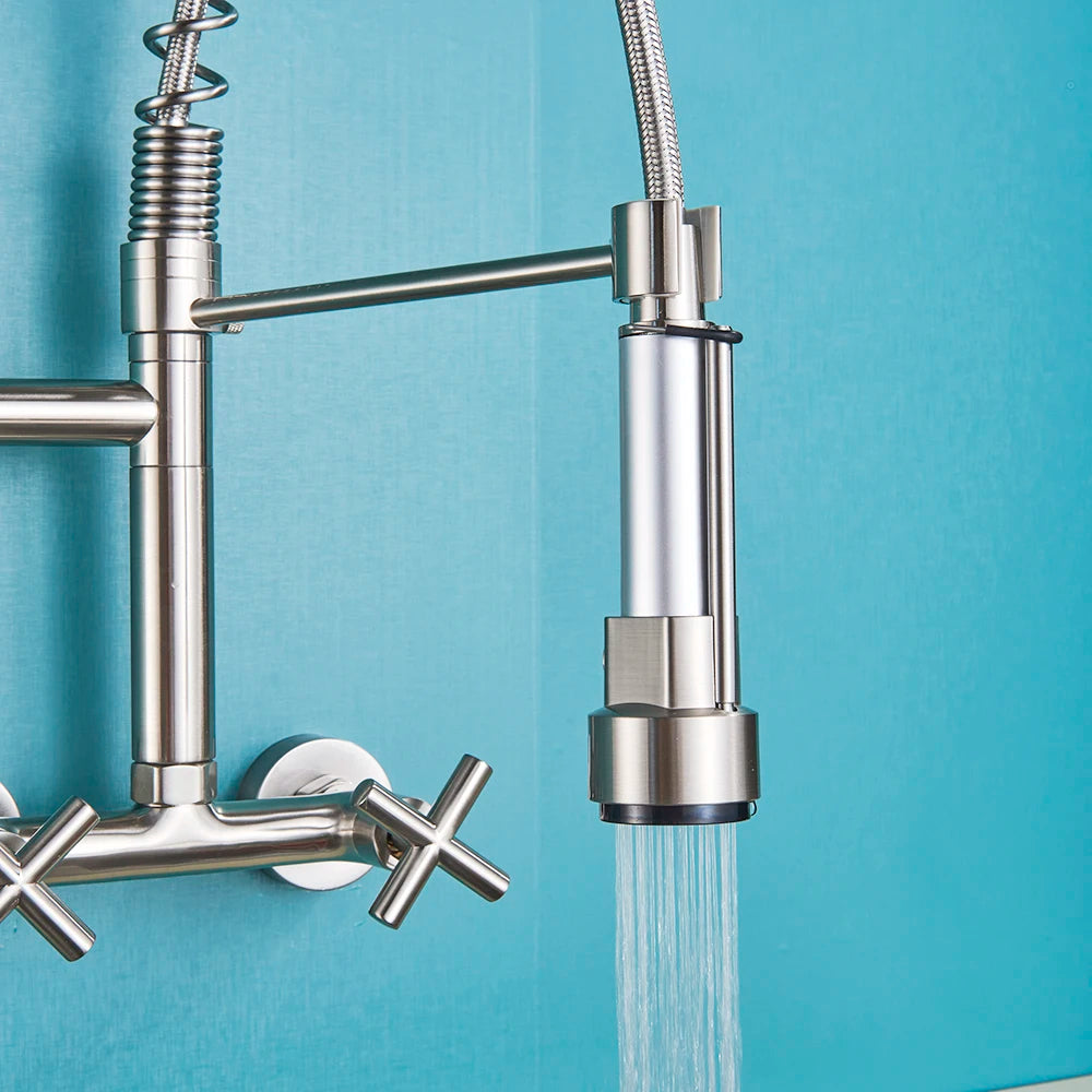 Matte Black Wall Mounted Kitchen Faucet Hot Cold Water Mixer Tap For Kitchen Pull Down Spray 360 Rotation Kitchen Mixer Taps