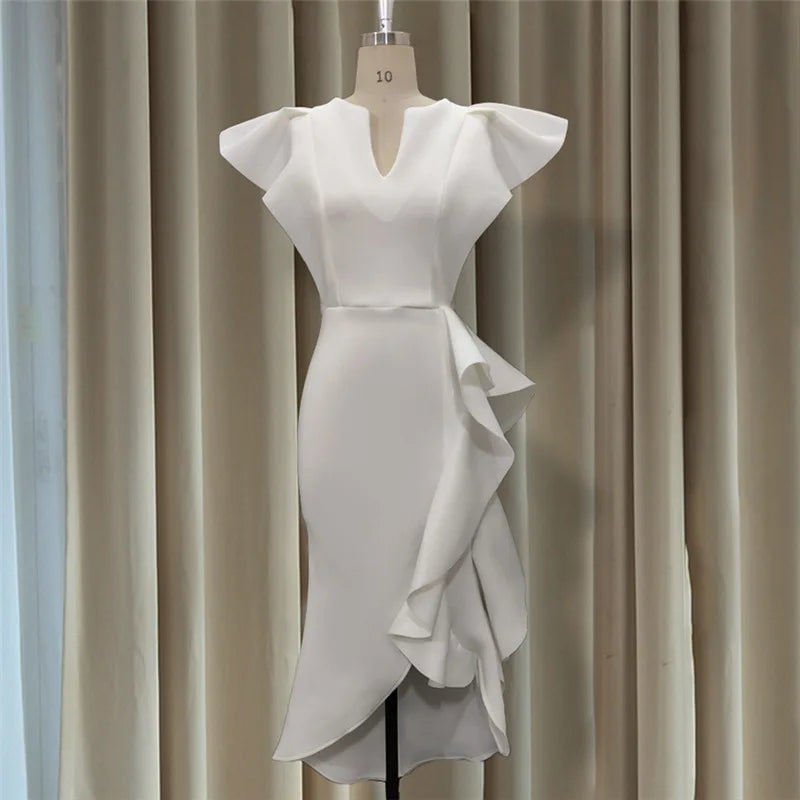 4XL Plus Size Women Club Fashion V-neck Puff Short Sleeves Slimming Knitted Ruffle Mermaid Long Dress