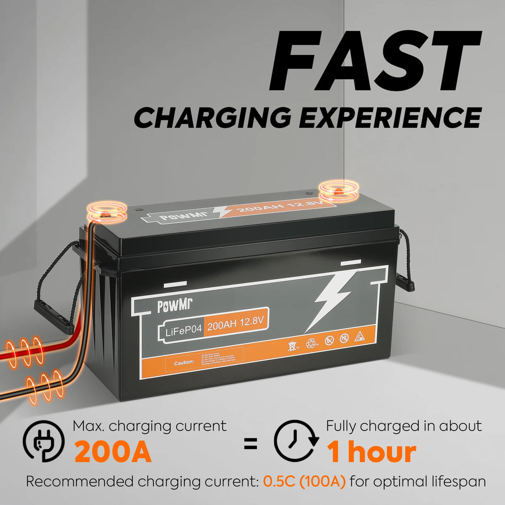 For PowMr 12.8V 200Ah LiFePO4 Hybrid Grid Connection Lithium Ion Battery Supports up to 4 in Series 4 in Parallel Energy Storage