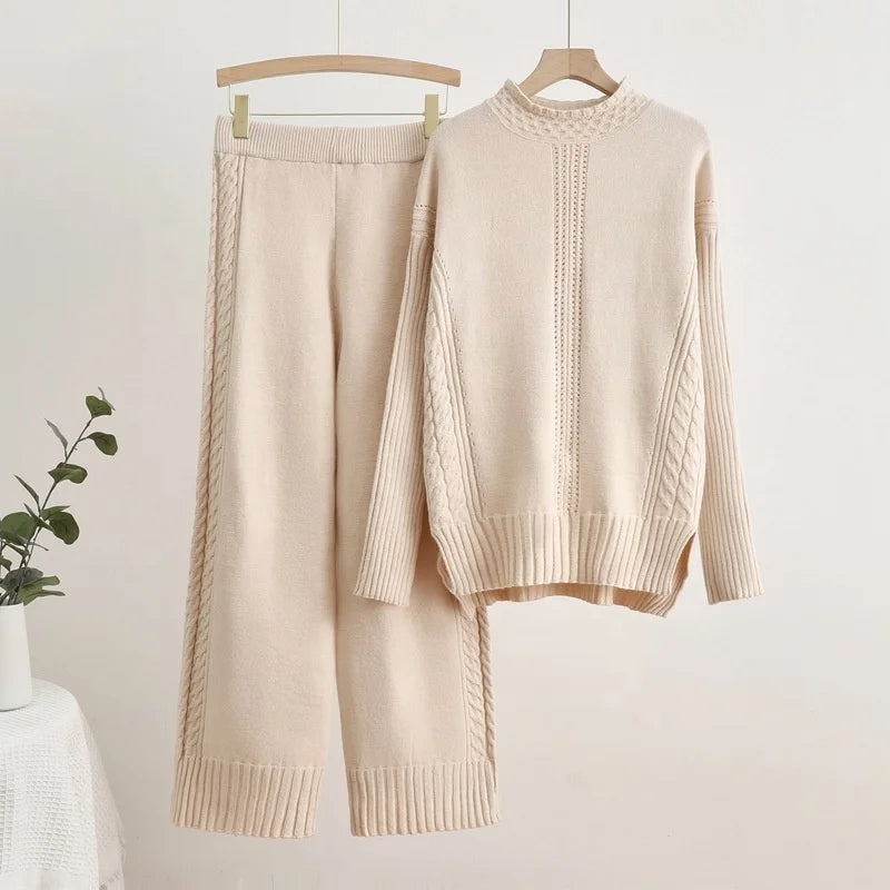 Pullover Thick Knit Sweater Casual Fashion Set Women's Autumn and Winter Loose and Lazy Wide Leg Trouser Set