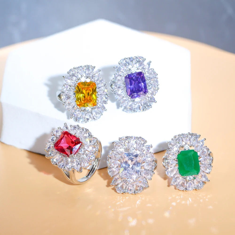 Exquisite Bling Red Cubic Zirconia Luxury Engagement Party Jewelry Big Sun Flower Finger Open Cuff Rings for Women