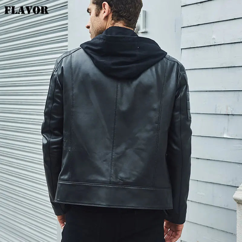FLAVOR Men's Leather Motorcycle Jacket Black Sheepskin Real Leather Jacket With Removable Hood