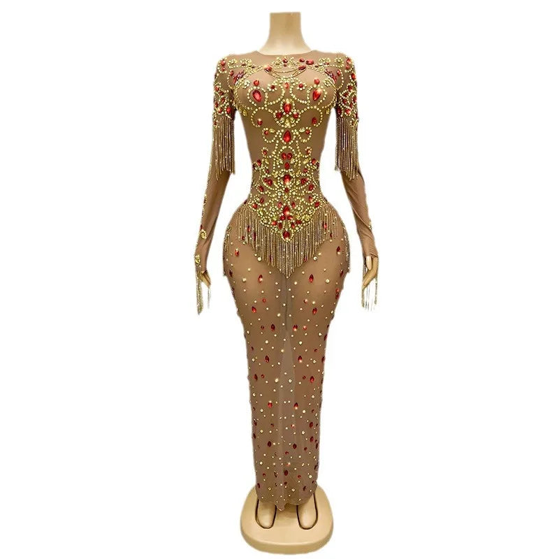 Summer New Mesh Micro Transparent Luxury Elegant Evening Wear Birthday Party Ball Performance Costume Rhinestone Dress
