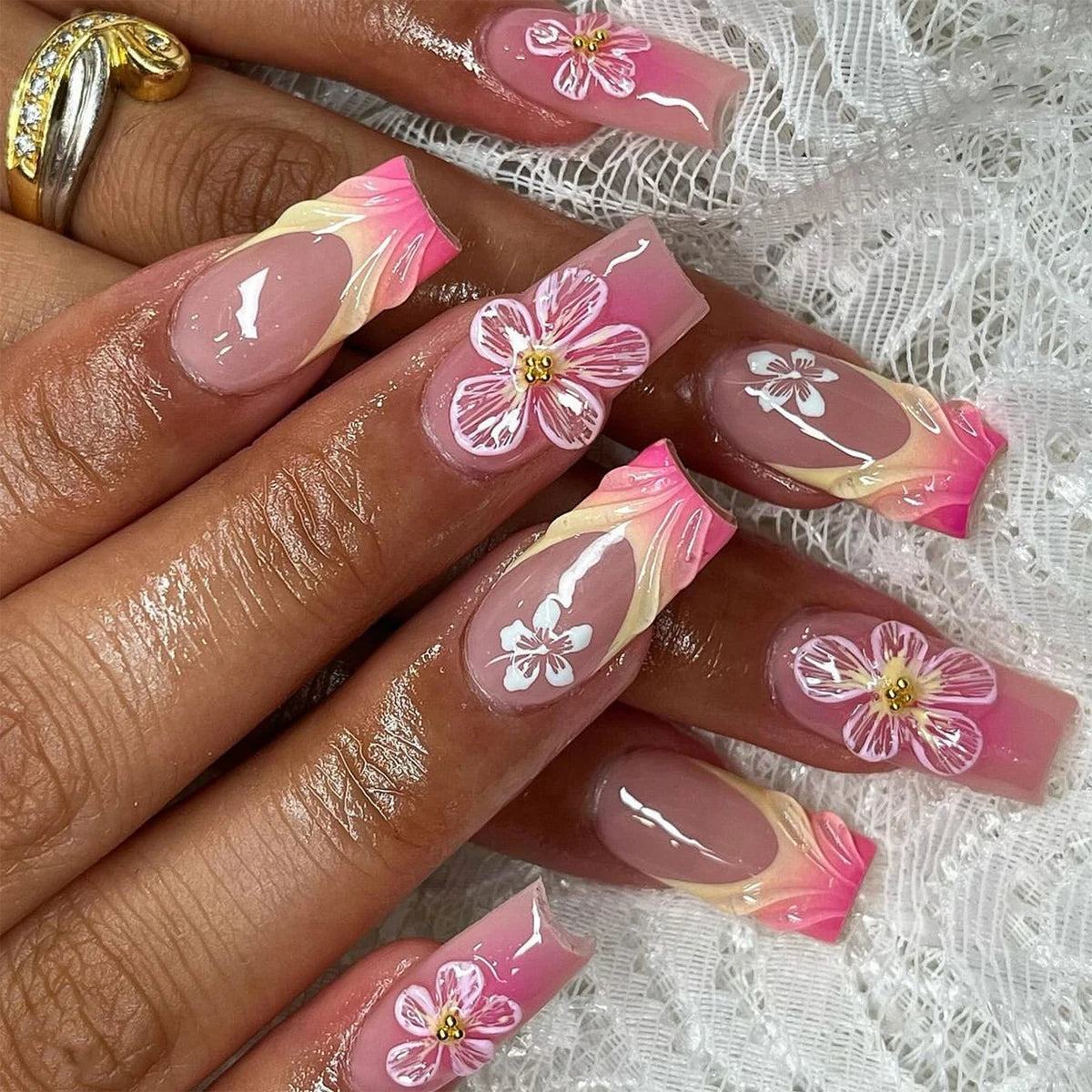 Dropshipping 24 Pcs French Style Romantic Art Acrylic Press on Nails Artificial Fingernails Candy False Nails Dating  Party 2792