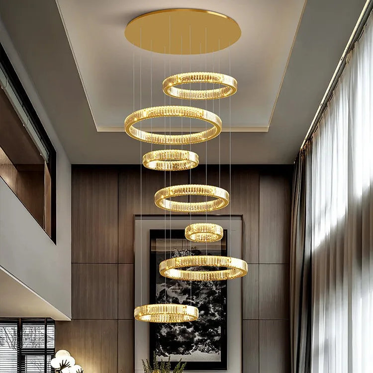 Modern Luxury Hotel Lobby K9 Crystal Ceiling Chandelier Villa Living Room Loft Staircase Round Ring Chandelier Pendant Lights