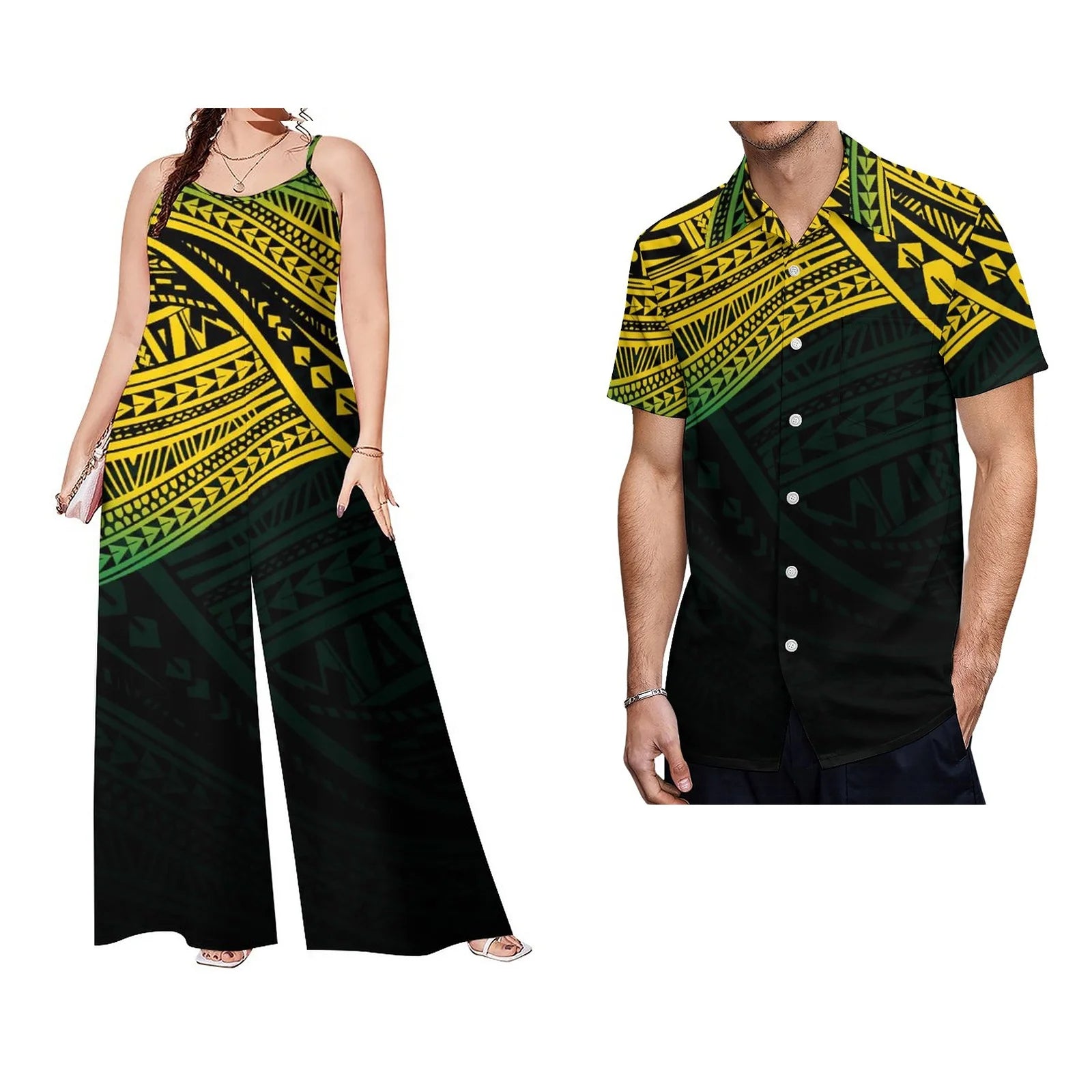 Low Price Custom Plus Size Polynesian Clothing Casual Sets of Couples Samoan Tribal Print Men Shirt Women Loose Rompers 2pc Sets