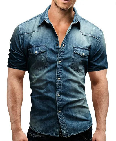 Men Denim TShirts  Summer Mens Short Sleeve Soft Cotton T-Shirts Man Slim Slight Elastic Jeans Tops Male Cowboy Clothing