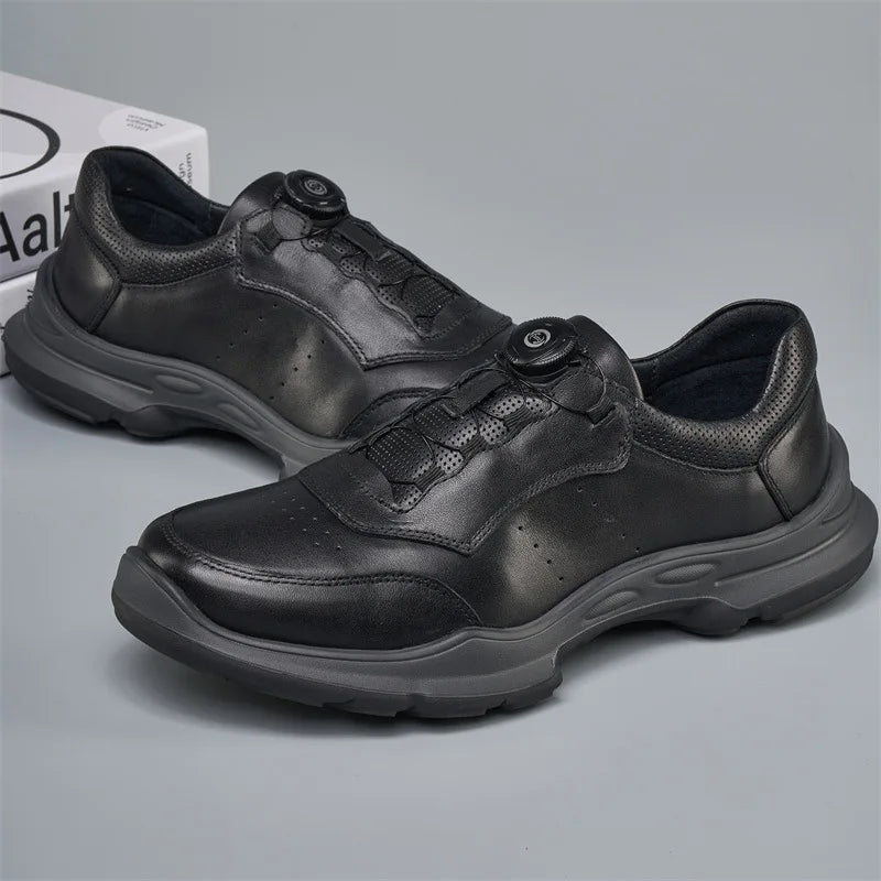 Men's Genuine Leather Casual Shoes Round Toe Lace-up Light Weight Spring Rubber Outsole EVA Midsole Mesh Lining