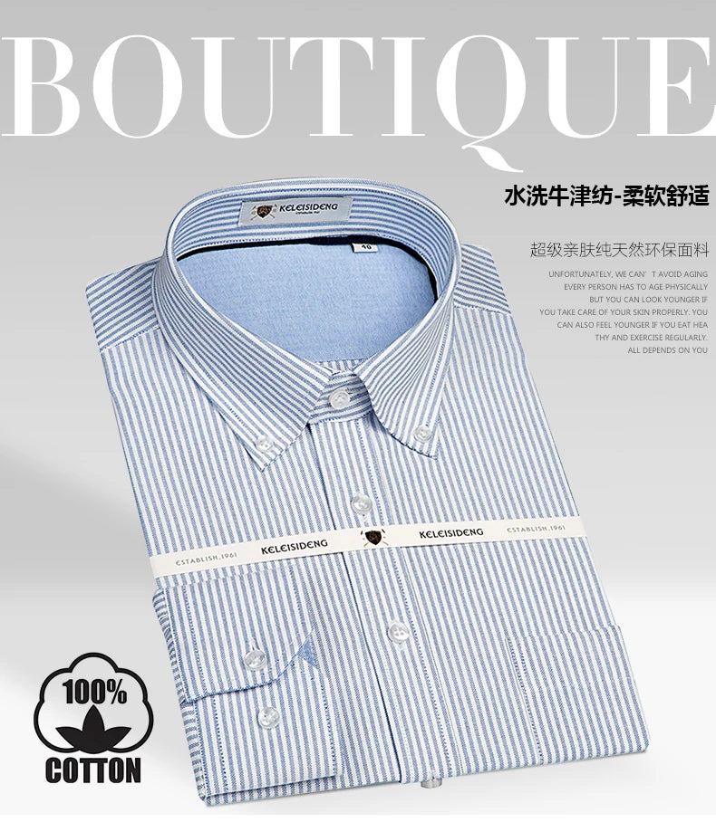 Men's Long Sleeve Thick Cotton Oxford Shirts with Front Pocket High Quality Smart Casual Stripe Plaid Button Down Dress Shirt