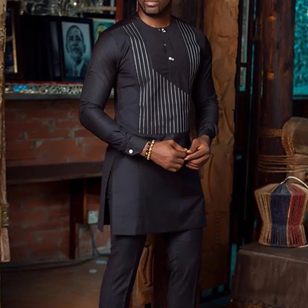 10%OFF M-4XL Black Casual Asymmetric Striped African Ethnic Style Men's Long Sleeve Shirt Men's Collarless Top