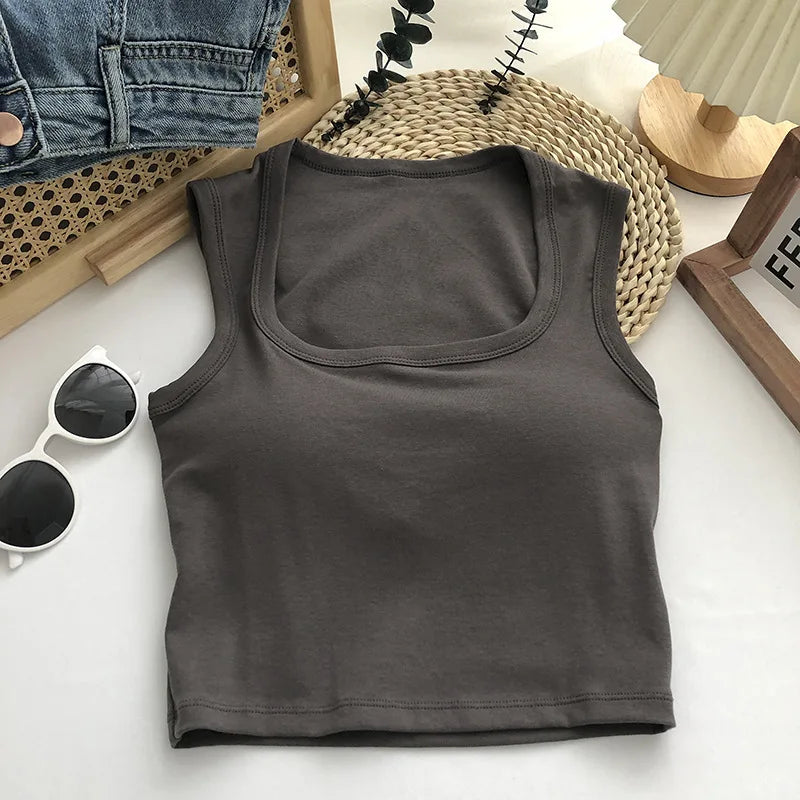 Women 2024 Summer With Chest Pad Square Collar Wide Shoulder Back Heart One Cup to Wear Sexy Inside Vest