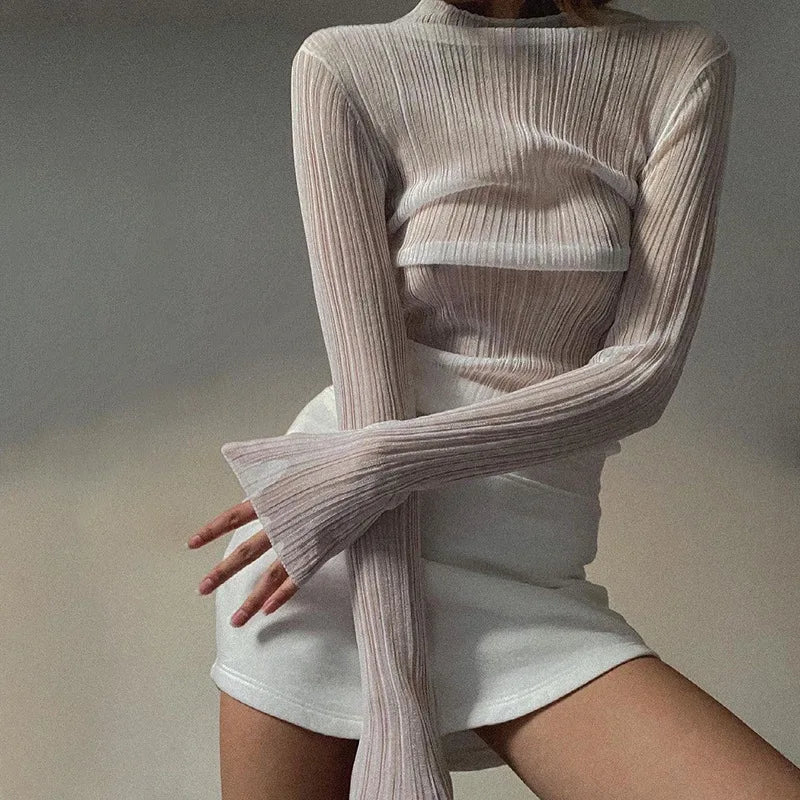 2024 Fall Elegant See Through Long Sleeve Mock Neck Women Tops Fashion Streetwear Sexy T-Shirts Tees Slim Clothes