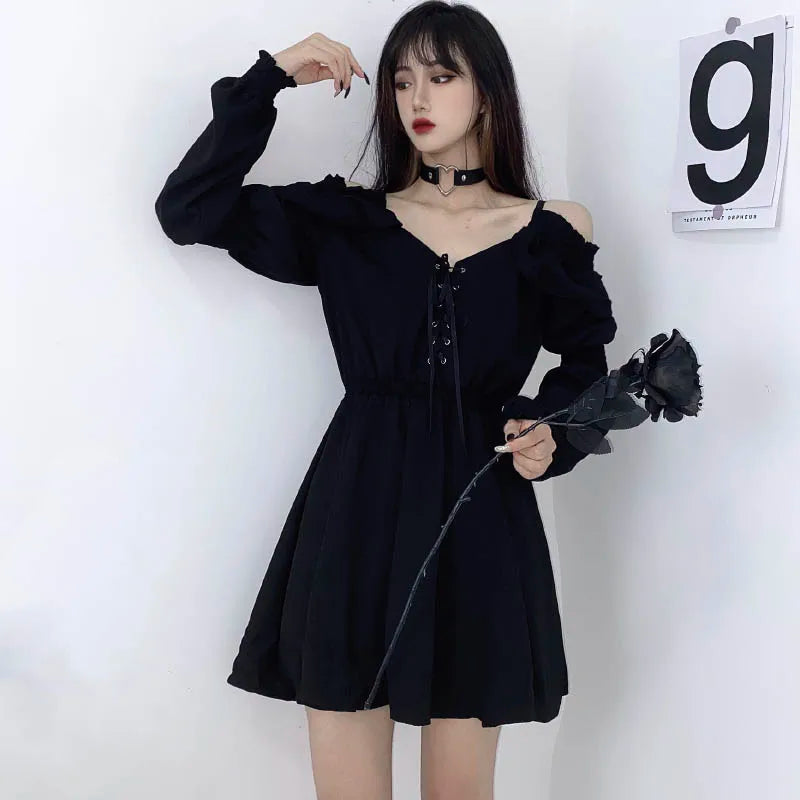 Zoki Harajuku Gothic Women Dress Y2K Summer Sexy Off Shoulder Black Bandage Mini Dress Fashion Elegant Party Night Vestidos New