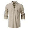 Men's Retro Hippie Beach T Shirt-Summer Casual Short Sleeve Tops Breathable Twill Cotton Linen Stand Collar Henry Drawstring