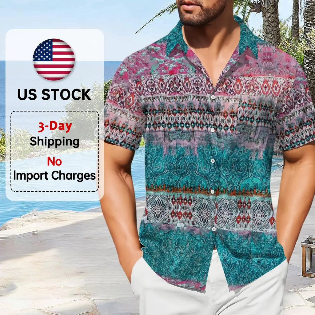 Customized Shirt  Soft Bohemian Style Ink-Printed Shirt  Classical Ethnic Summer  Pink Bohemian Pattern Casual Wear