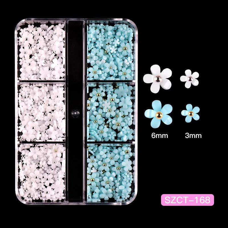 Nail Jewelry Wholesale Cute Three-dimensional Small Flowers 6-grid Plastic Box Mixed Resin Five-petal Flower Nail Accessories