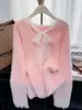 Ladies Casual V Neck Long Sleeve Mohair Lace Sweater Front Logo Patchwork Design Loose Fit