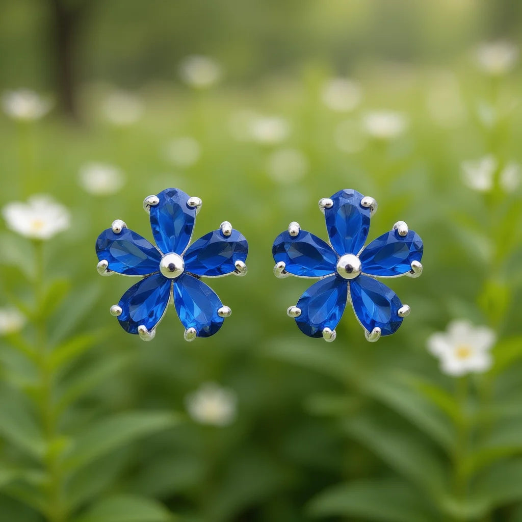 Silver Plated Blue Gemstone Flower Stud Earrings For Women Party Fashion Jewelry Alloy Earring With Claw Setting