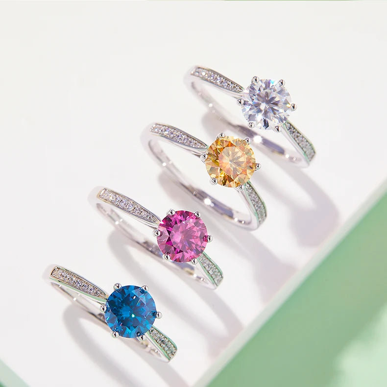 Sliver 925 High Quality 1CT Round Shape Fancy Color Moissanite Classic Style Rings Engagement Wedding Jewelry Ring Birthday Gift