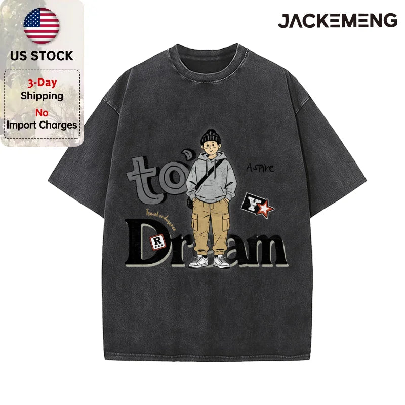 Oversized Washed Retro Cartoon Streetwear Print Tshirt USA Stock Wholesale Y2K Casual Tee