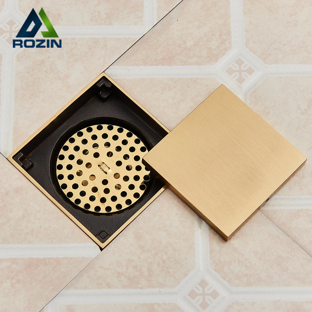 Rozin Brushed Gold Floor Drains 10*10cm Invisible Bathroom Floor Drain Matte Black Square Shower Deodorant Waste Drain Strainer