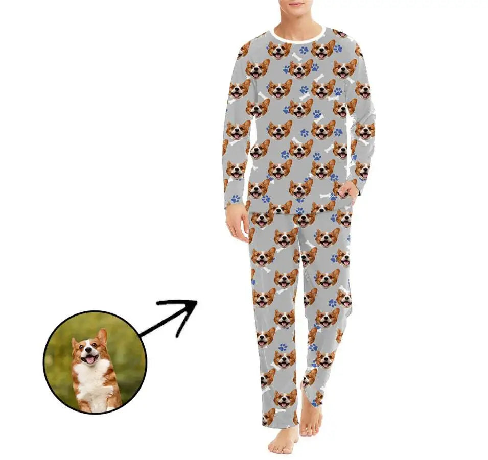 Custom Long Pants Pajamas Set With Photo Men Personalized Lounge Set Funny Face Printed Sleepwear Soft Gift