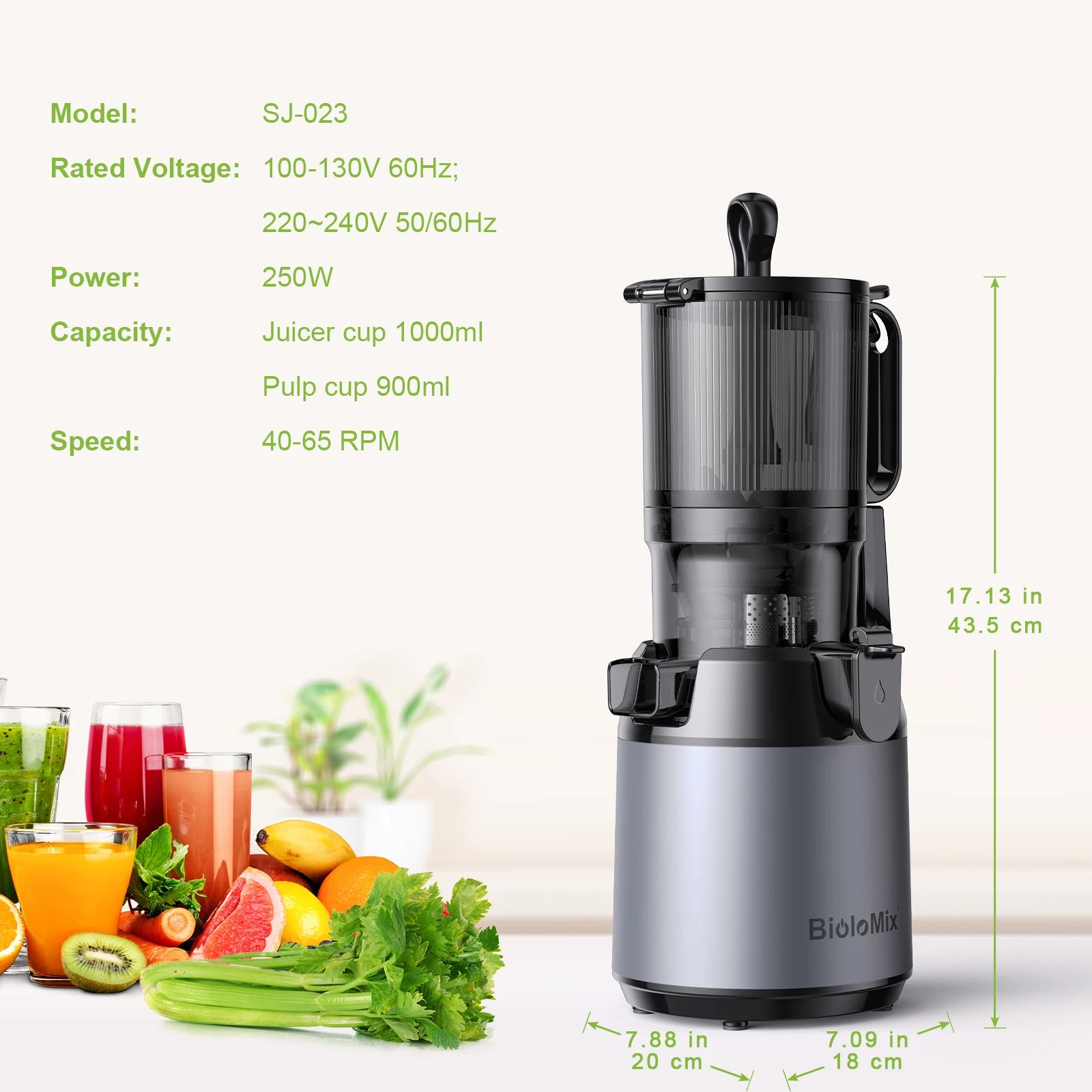 BioloMix Wide Chute Slow Masticating Juicer BPA FREE Cold Press Juice Extractor for High Nutrient Fruit and Vegetable Juice