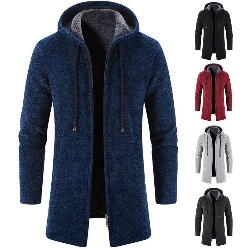 Liu Ming Men's Thick Warm Fleece Cardigan Winter Trending Casual Windbreaker Jackets with Zipper Closure Knitted Sweater Hooded
