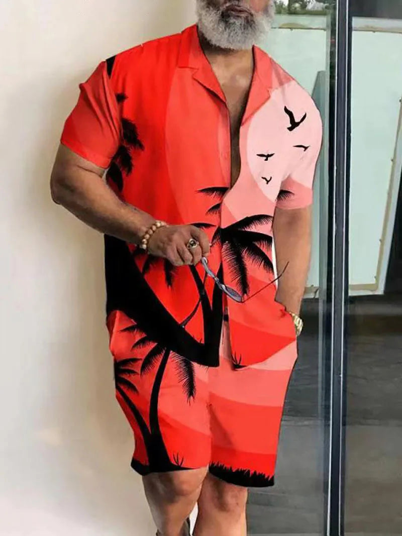 New Men Sets Print Patchwork Lapel Short Sleeve Casual Shirt Beach Shorts Summer Men Streetwear Vacation Hawaiian Suits